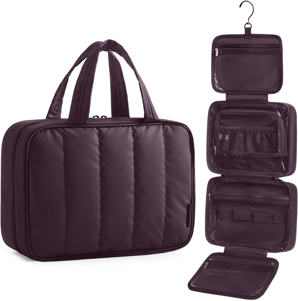 Travel Toiletry Bag for women, Portable Hanging Hook Makeup Bag Organizer, Waterproof Makeup Cosmetic Bag, for Full-Size Accessories, Toiletries, Camel