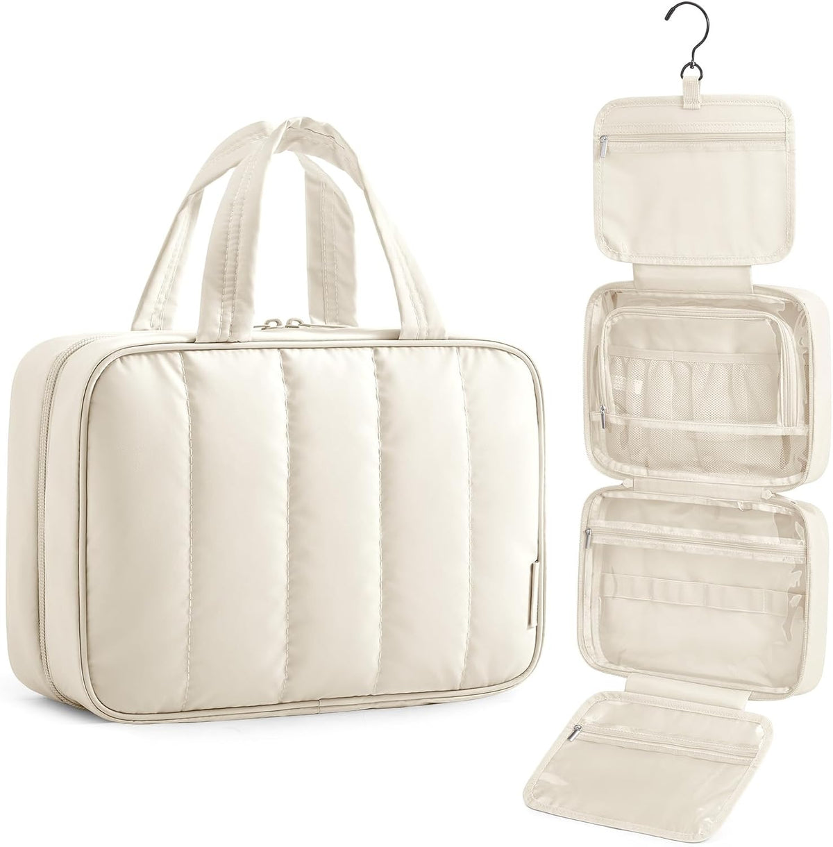 Travel Toiletry Bag for women, Portable Hanging Hook Makeup Bag Organizer, Waterproof Makeup Cosmetic Bag, for Full-Size Accessories, Toiletries, Camel