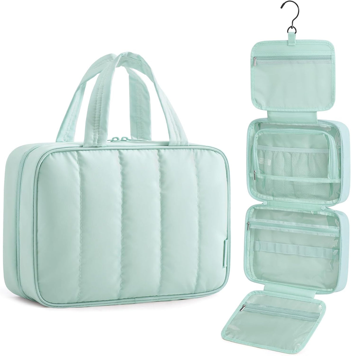 Travel Toiletry Bag for women, Portable Hanging Hook Makeup Bag Organizer, Waterproof Makeup Cosmetic Bag, for Full-Size Accessories, Toiletries, Camel
