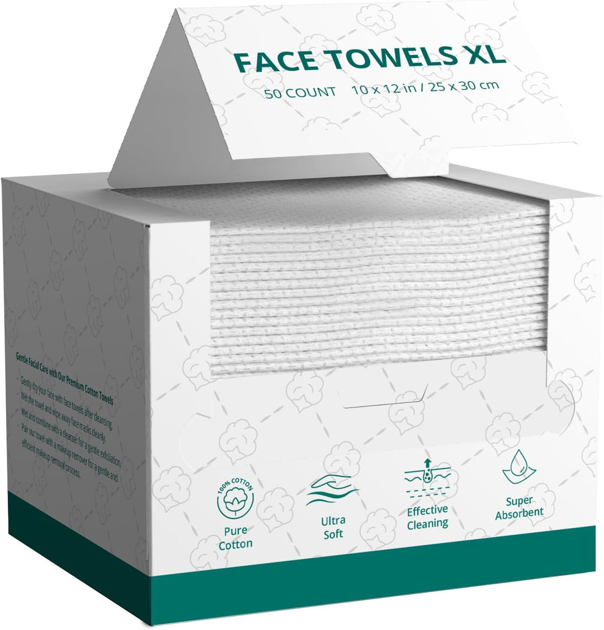Disposable Face Towels Cotton Fiber 10’’ x 12’’ Ultra Soft Skin Friendly Super Absorbent Towelettes Facial Tissue Face Wipes for Effective Cleansing, Makeup Remover, 50 Count 1 Pack