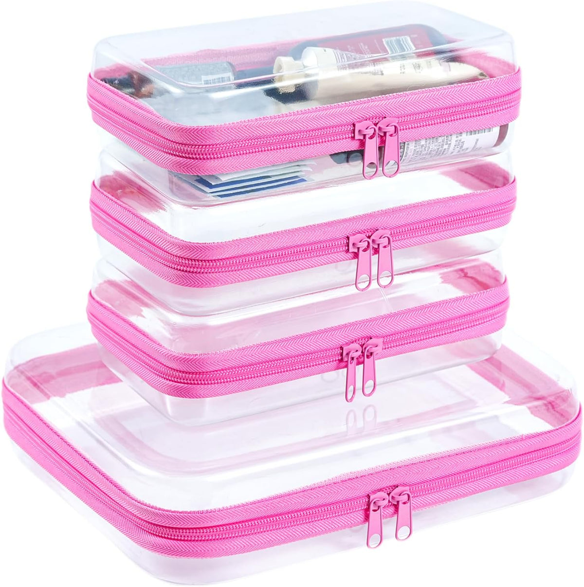 4 pcs Clear Zipper Pouches,Hard Shell Zipper Case, Toiletry Bag for Travel, CLear Diaper Bag, Toiletry Pouch, Travel Organizer, Cosmetic Bag,Toy Storage Bins (M+3S)
