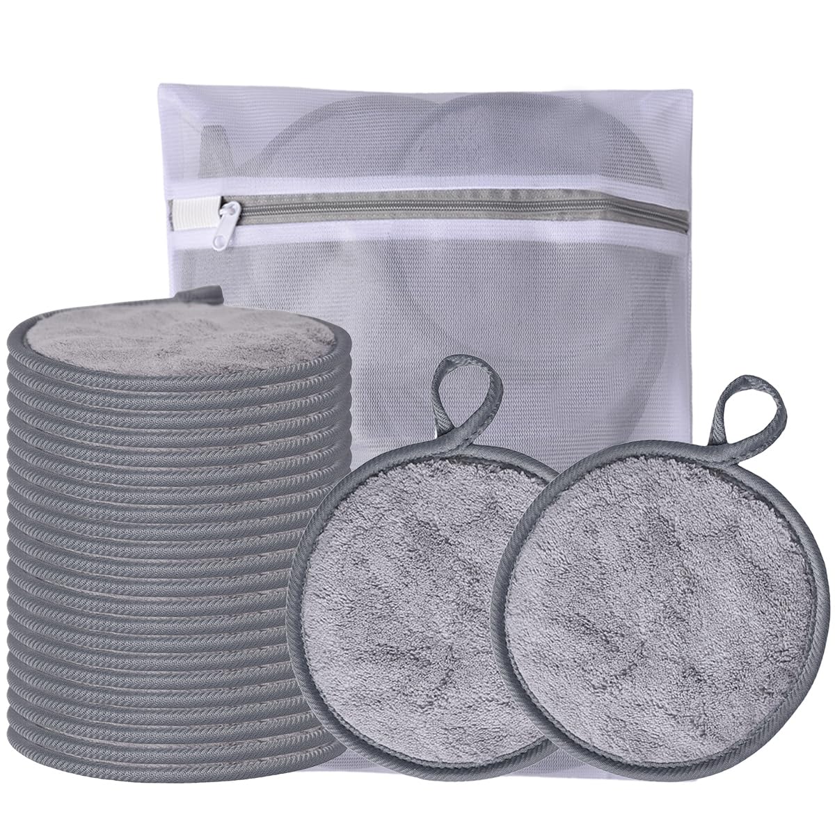 Large Reusable Makeup Remover Pads for Face, Soft Microfiber Makeup Remover Cloths Washable, Premiun 5 INCH Face Cleaning Pad with Laundry Bag, 12 Pack Grey