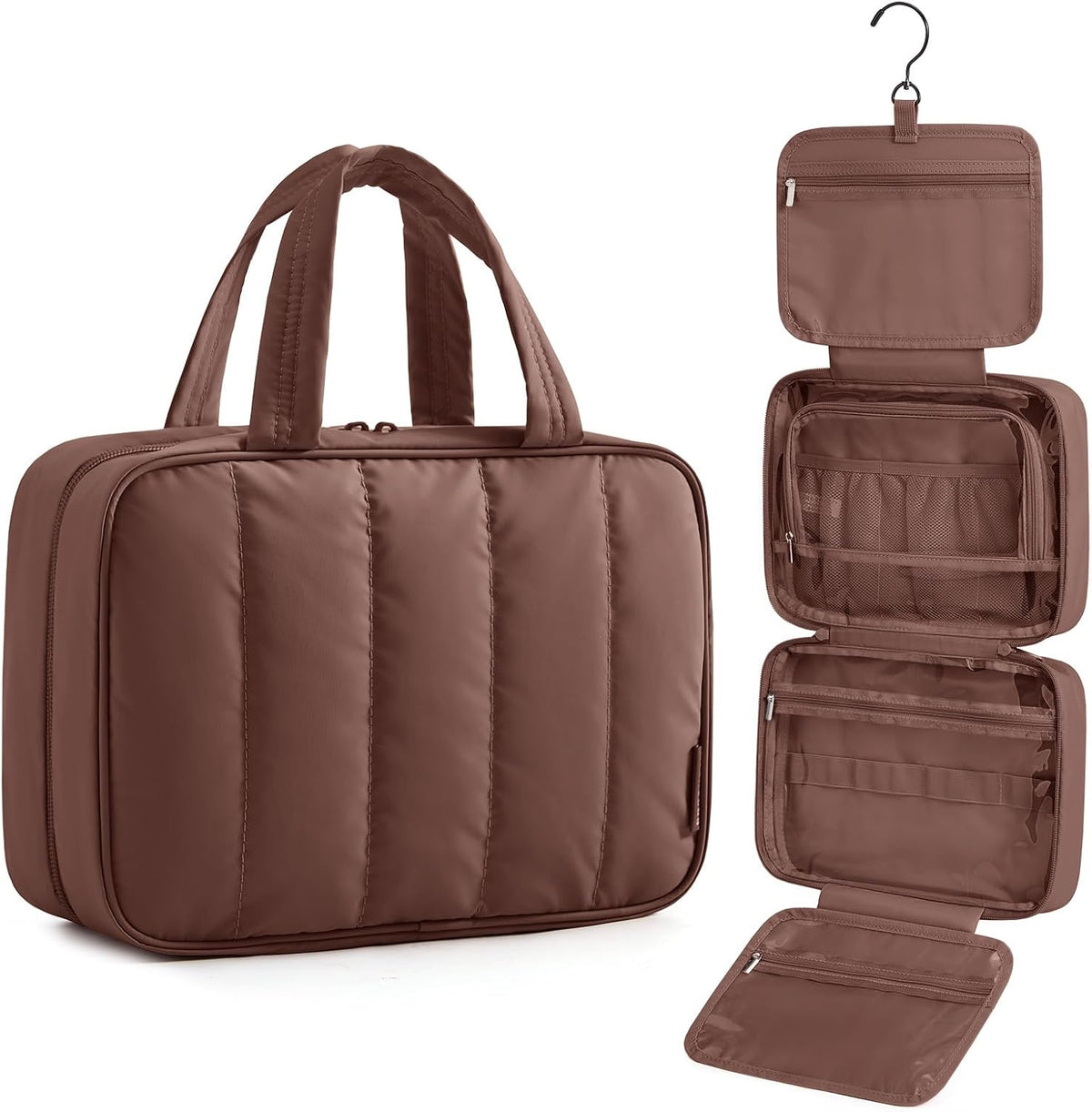Travel Toiletry Bag for women, Portable Hanging Hook Makeup Bag Organizer, Waterproof Makeup Cosmetic Bag, for Full-Size Accessories, Toiletries, Camel