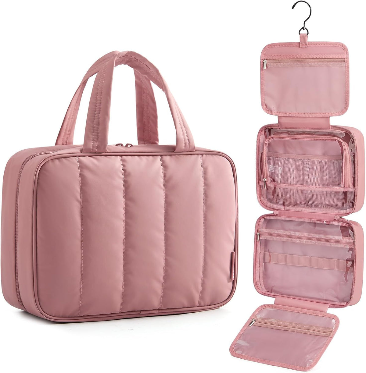 Travel Toiletry Bag for women, Portable Hanging Hook Makeup Bag Organizer, Waterproof Makeup Cosmetic Bag, for Full-Size Accessories, Toiletries, Camel