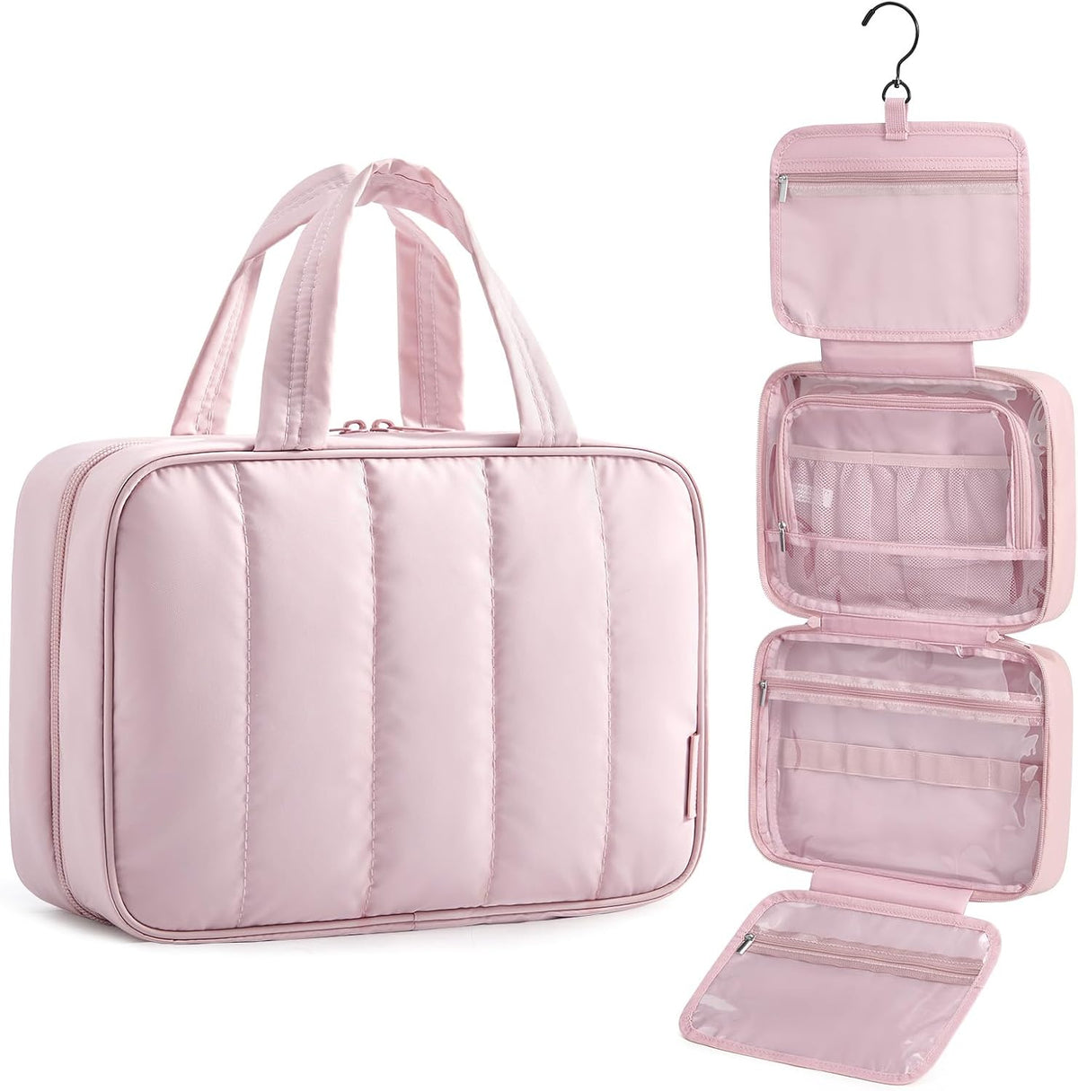 Travel Toiletry Bag for women, Portable Hanging Hook Makeup Bag Organizer, Waterproof Makeup Cosmetic Bag, for Full-Size Accessories, Toiletries, Camel