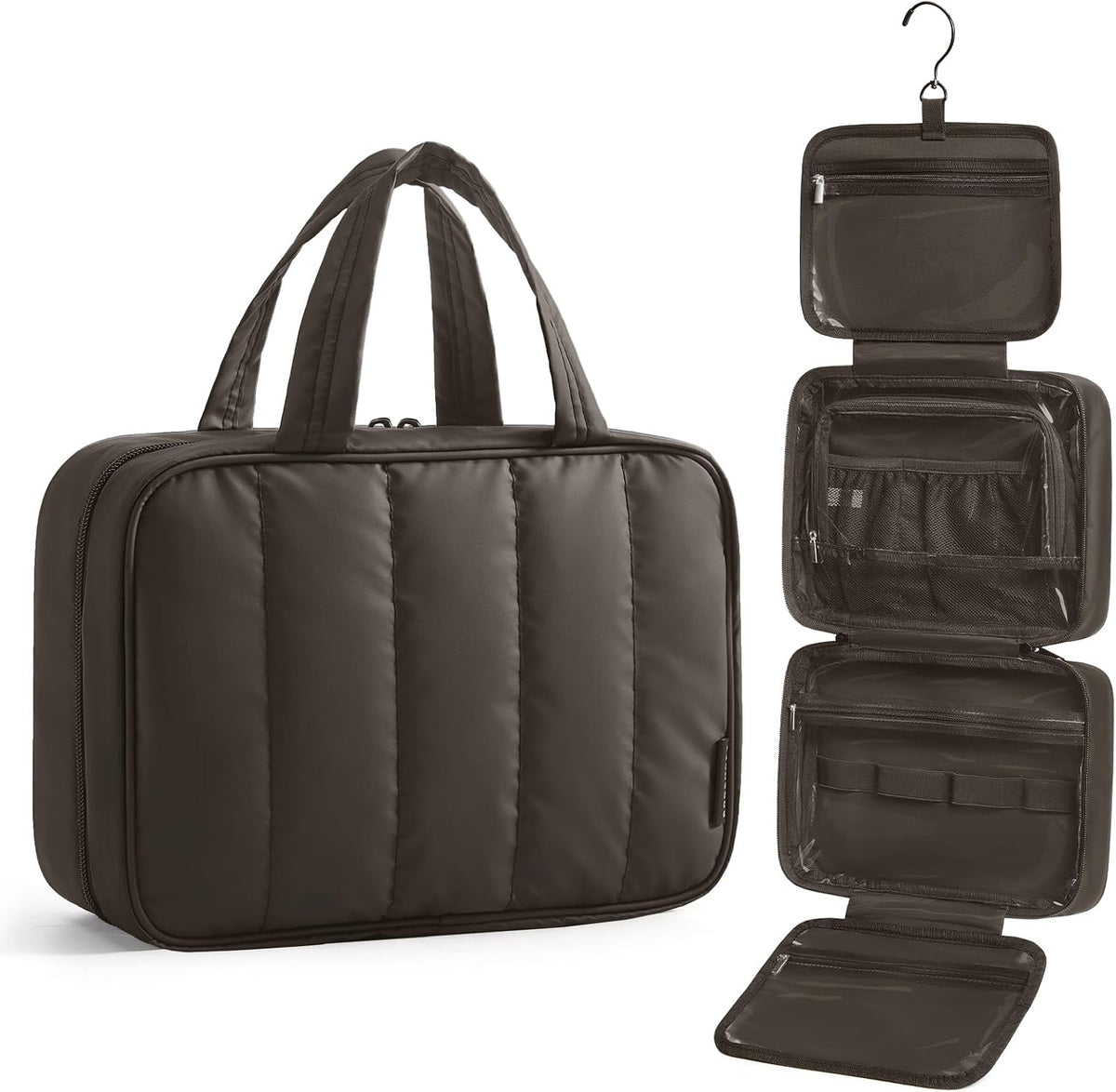 Travel Toiletry Bag for women, Portable Hanging Hook Makeup Bag Organizer, Waterproof Makeup Cosmetic Bag, for Full-Size Accessories, Toiletries, Camel