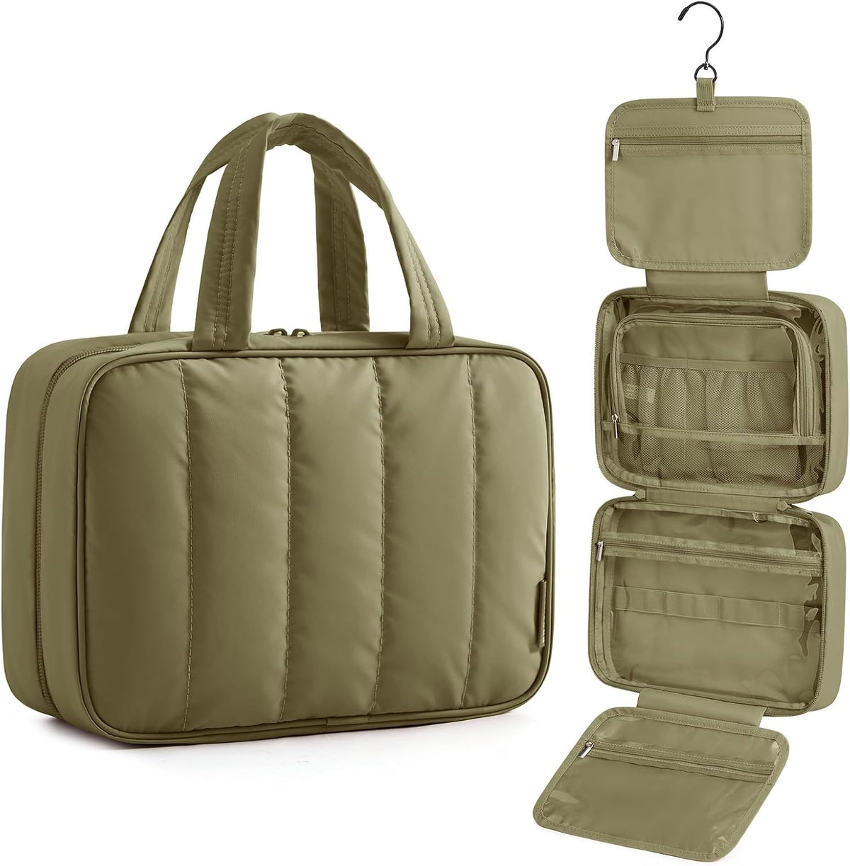 Travel Toiletry Bag for women, Portable Hanging Hook Makeup Bag Organizer, Waterproof Makeup Cosmetic Bag, for Full-Size Accessories, Toiletries, Camel