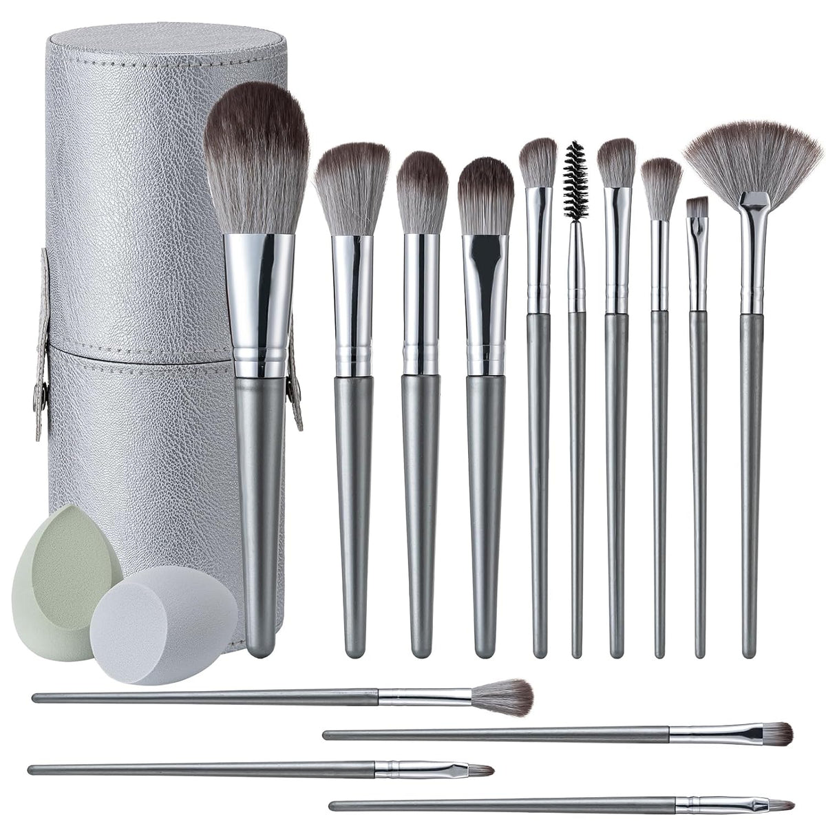 Makeup Brushes, 14 Pcs Professional Makeup Brush Set, Eye and Face Foundation Brush Set, Eyeshadow Brushes, Cosmetic Brushes, with PU Bag, Grayish