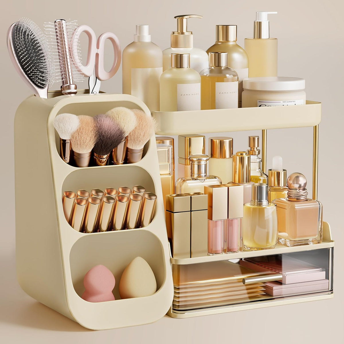 Makeup Organizer with Brush Holder for Vanity, Large Plastic Bathroom Countertop Organizer Skin Care Storage, Easy to Store Lipsticks, Nail Polishes, Perfumes, Eyeshadow Palettes, All White