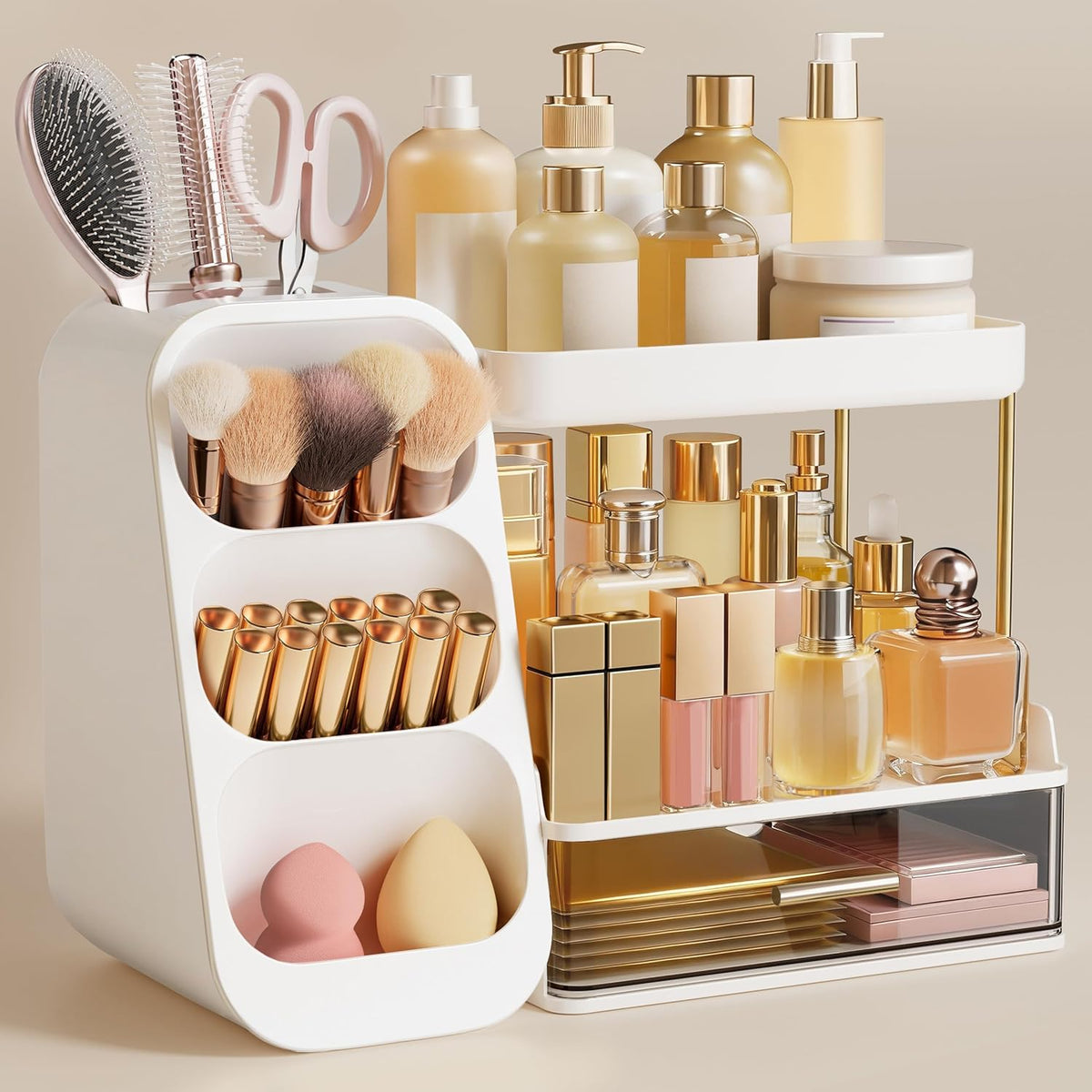 Makeup Organizer with Brush Holder for Vanity, Large Plastic Bathroom Countertop Organizer Skin Care Storage, Easy to Store Lipsticks, Nail Polishes, Perfumes, Eyeshadow Palettes, All White