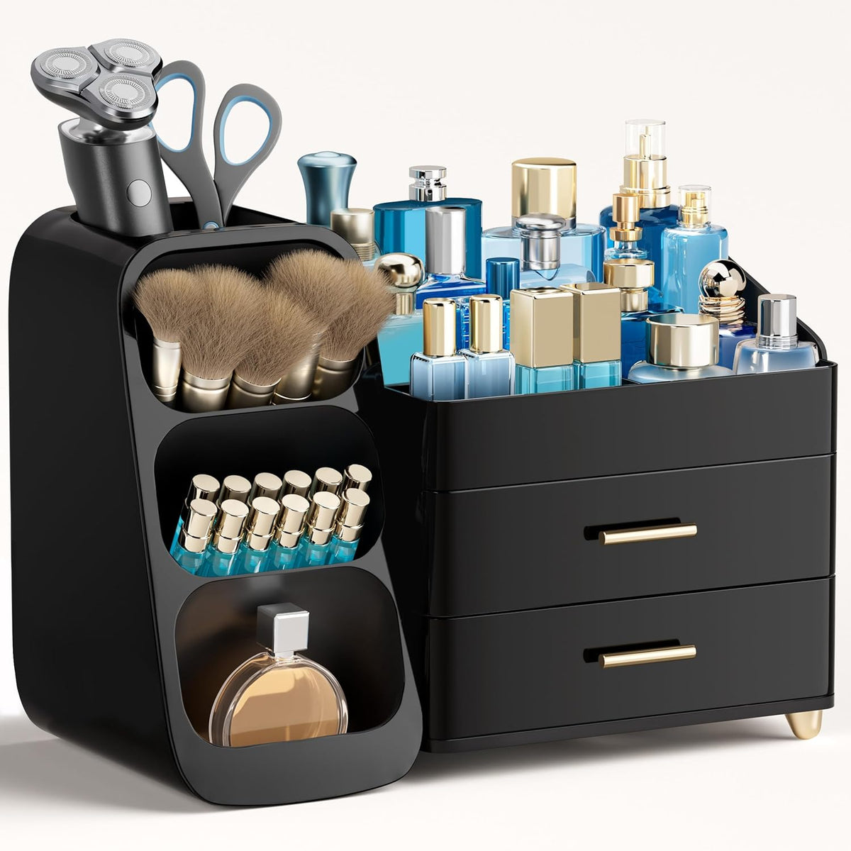 Makeup Organizer with Brush Holder for Vanity, Large Plastic Bathroom Countertop Organizer Skin Care Storage, Easy to Store Lipsticks, Nail Polishes, Perfumes, Eyeshadow Palettes, All White